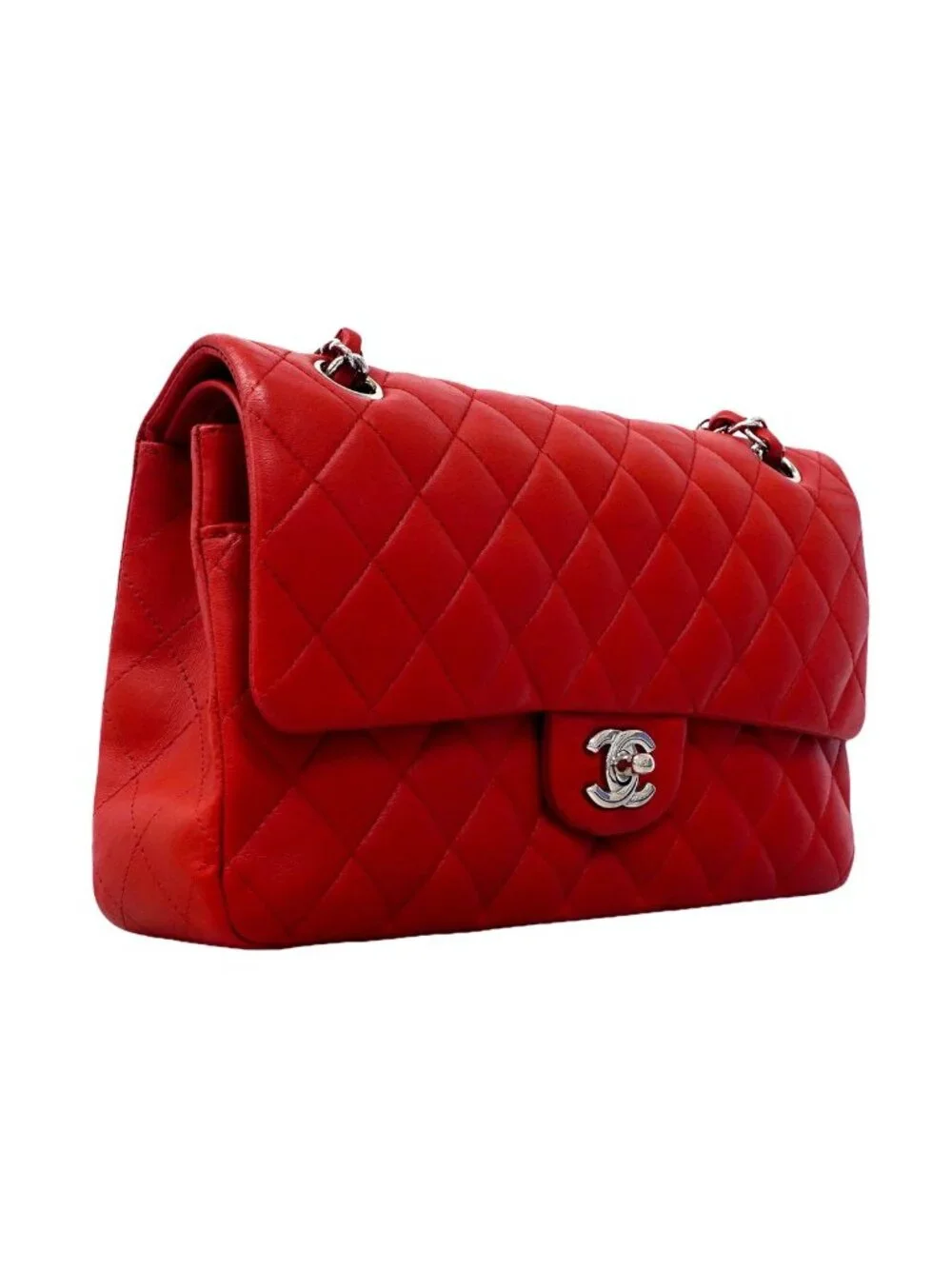 Chanel Shoulder Bag Quilted Lambskin Red Silver